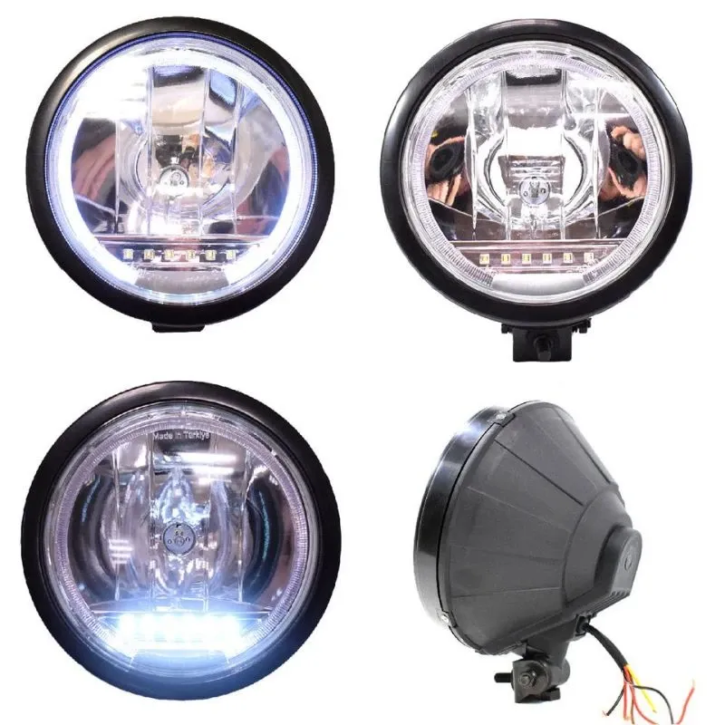 Комплект 2 Броя Халоген, Фар, Ø 225мм, 12V 24V, Крушка H1 + 6 LED ЛЕД Диода, E-Mark, За Камион, Трактор, Багер, Земеделски Машини и др. - 3