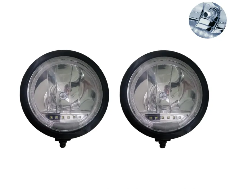 Комплект 2 Броя Халоген, Фар, Ø 225мм, 12V 24V, Крушка H1 + 6 LED ЛЕД Диода, E-Mark, За Камион, Трактор, Багер, Земеделски Машини и др. - 0