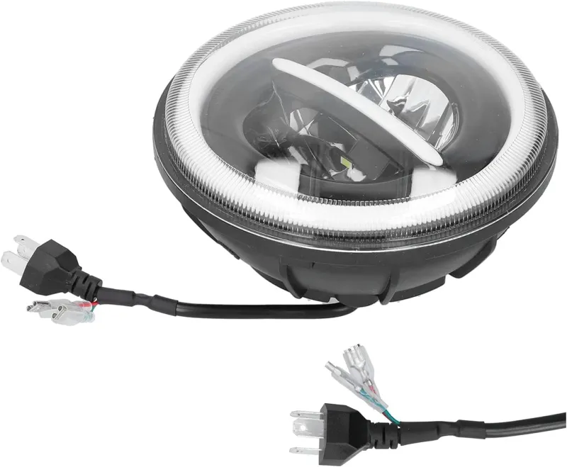 Комплект от 2бр. универсален 7 инча 18см ЛЕД LED фар лампа халоген 12V-24V къси/дълги с DRL дневни светлини мигач бяло-жълто 7500lm за АТВ джип мотоциклет камион трактор и др. - 3
