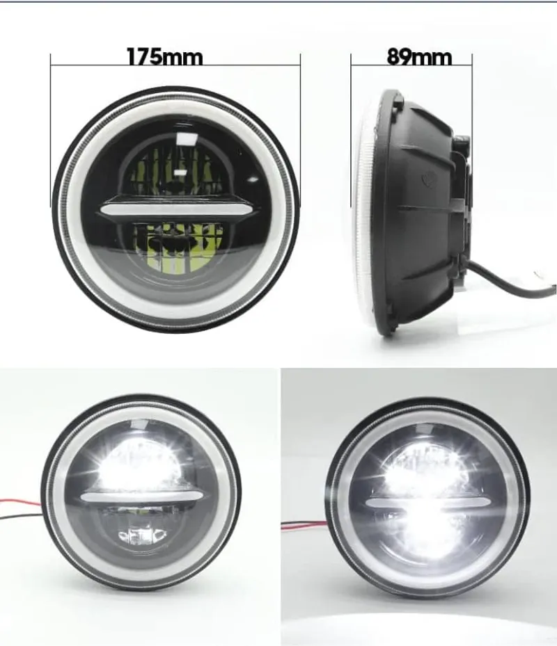 Комплект от 2бр. универсален 7 инча 18см ЛЕД LED фар лампа халоген 12V-24V къси/дълги с DRL дневни светлини мигач бяло-жълто 7500lm за АТВ джип мотоциклет камион трактор и др. - 6