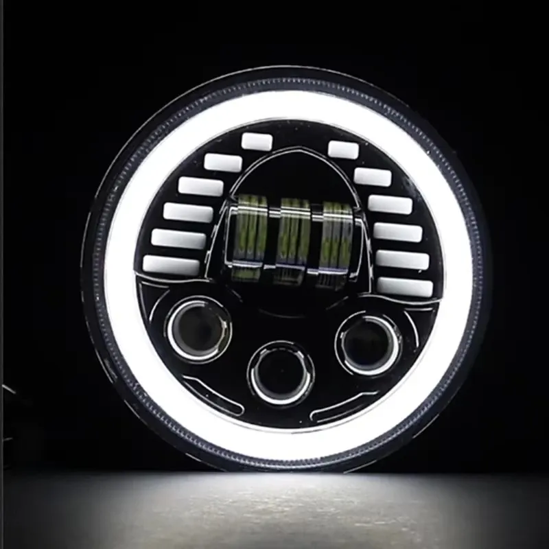 Комплект от 2бр. универсален 7 инча 18см ЛЕД LED фар лампа халоген 12V-24V къси/дълги с DRL дневни светлини мигач бяло-жълто 7000lm за АТВ джип мотоциклет камион трактор и др. - 4