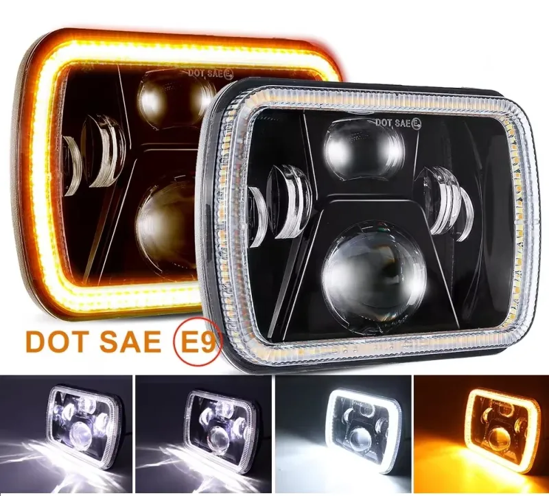 Комплект от 2бр. универсален 60W ЛЕД LED фар лампа халоген 12V-24V къси/дълги с DRL дневни светлини мигач бяло-жълто 20 x 14cm за АТВ джип мотоциклет камион трактор и др - 0