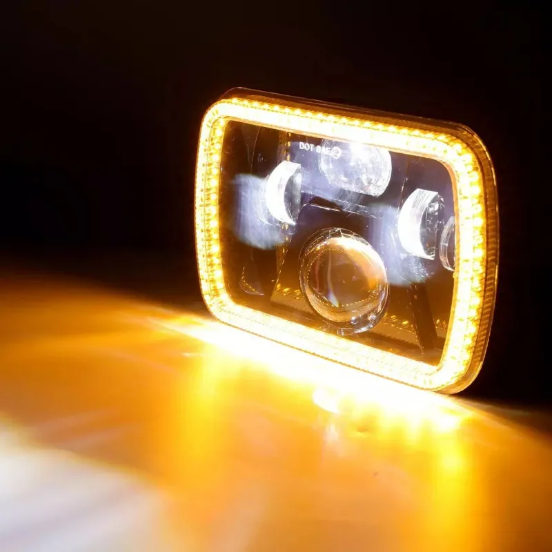 Комплект от 2бр. универсален 60W ЛЕД LED фар лампа халоген 12V-24V къси/дълги с DRL дневни светлини мигач бяло-жълто 20 x 14cm за АТВ джип мотоциклет камион трактор и др - 3