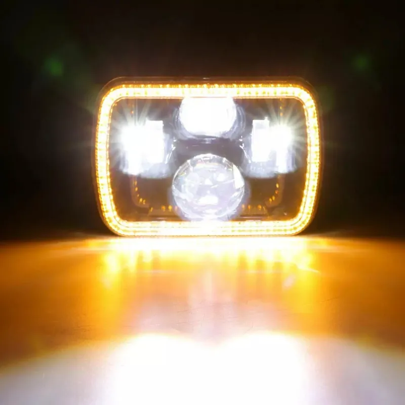 Комплект от 2бр. универсален 60W ЛЕД LED фар лампа халоген 12V-24V къси/дълги с DRL дневни светлини мигач бяло-жълто 20 x 14cm за АТВ джип мотоциклет камион трактор и др - 5