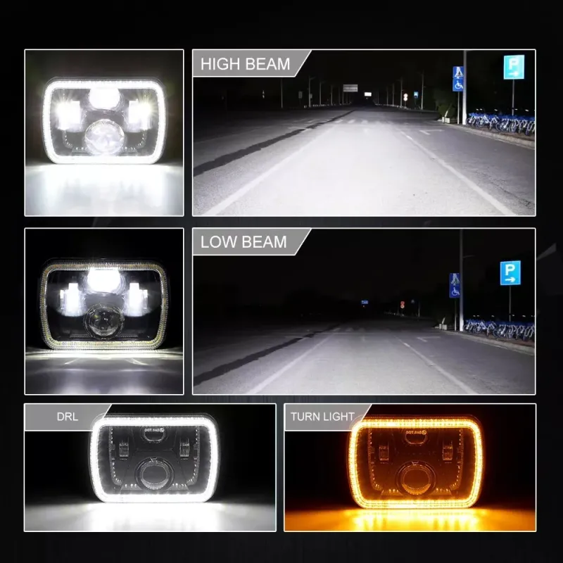 Комплект от 2бр. универсален 60W ЛЕД LED фар лампа халоген 12V-24V къси/дълги с DRL дневни светлини мигач бяло-жълто 20 x 14cm за АТВ джип мотоциклет камион трактор и др - 9