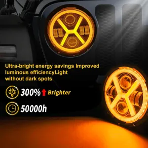 Комплект от 2бр. универсален 7 инча 18см ЛЕД LED фар лампа халоген 12V-24V къси/дълги с DRL дневни светлини мигач бяло-жълто 8000lm за АТВ джип мотоциклет камион трактор и др.