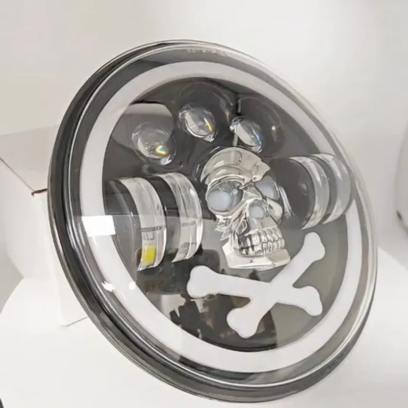Комплект от 2бр. универсален 7 инча 18см ЛЕД LED фар халоген 12V-24V къси/дълги с DRL дневни светлини мигач бяло-жълто и череп с RGB подсветка с 6 различни цвята за АТВ джип мотоциклет камион - 14