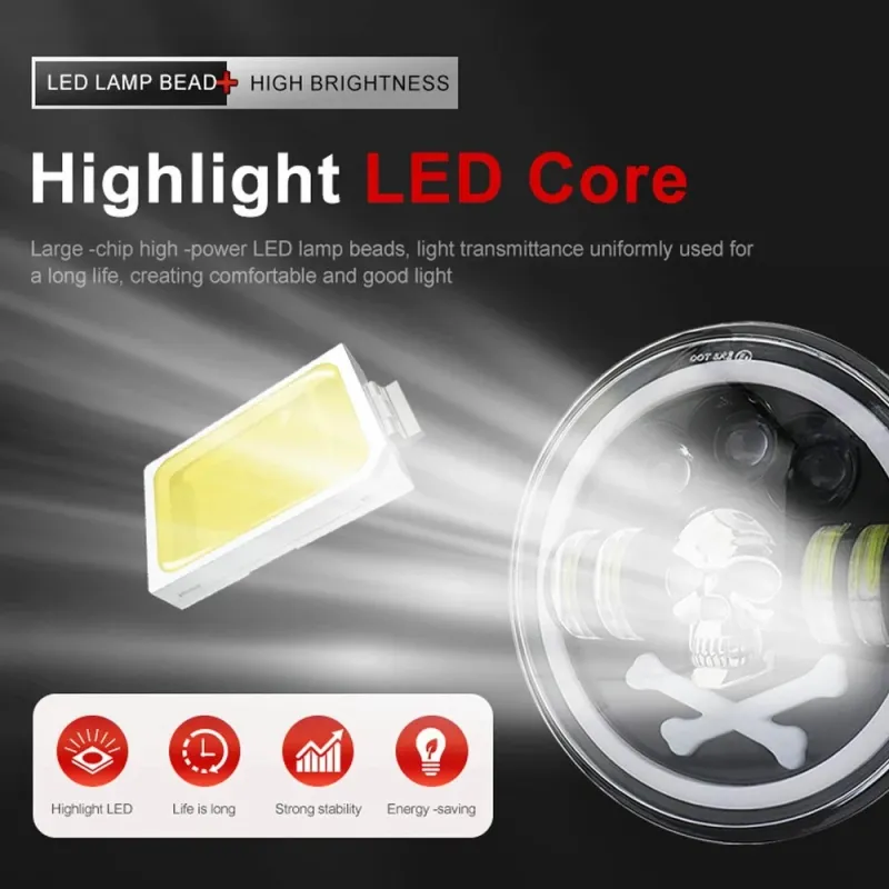 Комплект от 2бр. универсален 7 инча 18см ЛЕД LED фар халоген 12V-24V къси/дълги с DRL дневни светлини мигач бяло-жълто и череп с RGB подсветка с 6 различни цвята за АТВ джип мотоциклет камион - 3