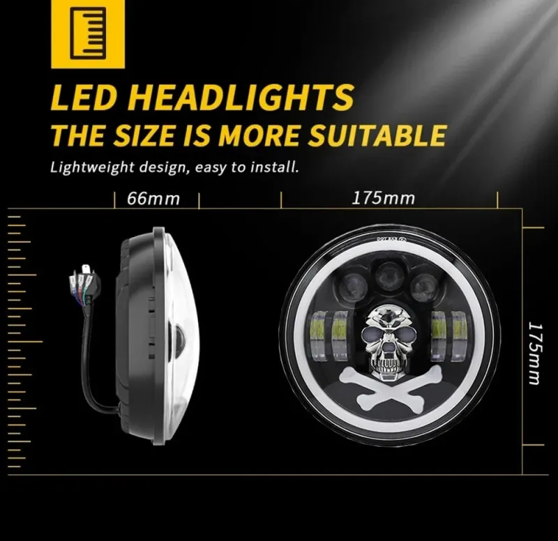Комплект от 2бр. универсален 7 инча 18см ЛЕД LED фар халоген 12V-24V къси/дълги с DRL дневни светлини мигач бяло-жълто и череп с RGB подсветка с 6 различни цвята за АТВ джип мотоциклет камион - 7