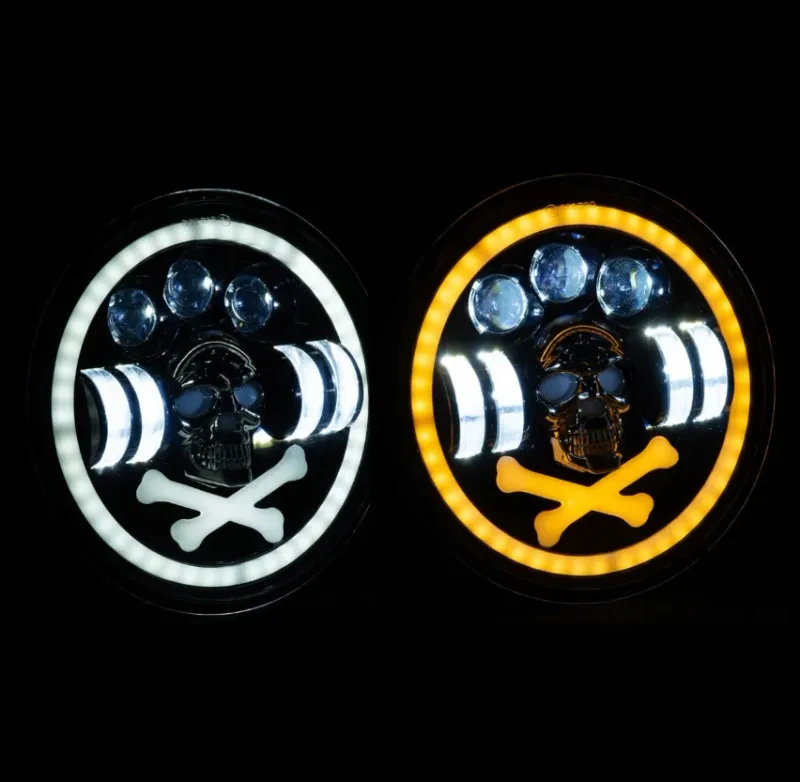 Комплект от 2бр. универсален 7 инча 18см ЛЕД LED фар халоген 12V-24V къси/дълги с DRL дневни светлини мигач бяло-жълто и череп с RGB подсветка с 6 различни цвята за АТВ джип мотоциклет камион - 9