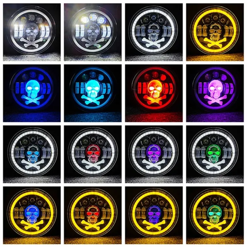 Комплект от 2бр. универсален 7 инча 18см ЛЕД LED фар халоген 12V-24V къси/дълги с DRL дневни светлини мигач бяло-жълто и череп с RGB подсветка с 6 различни цвята за АТВ джип мотоциклет камион - 10