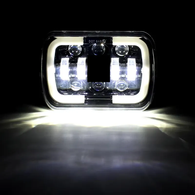 Комплект от 2бр. универсалeн 5x7 инча ЛЕД LED фар лампа халоген 12V-24V къси/дълги с DRL дневни светлини мигач бяло-жълто 9600lm за АТВ джип камион трактор и др. - 4