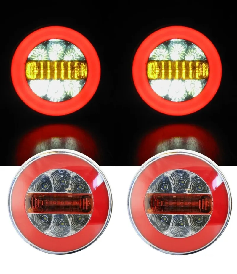 Комплект от 2 броя кръгли LED ЛЕД светодиодни стопове задна светлина с Neon неон ефект тип хамбургер 12V Ø14 см - 0