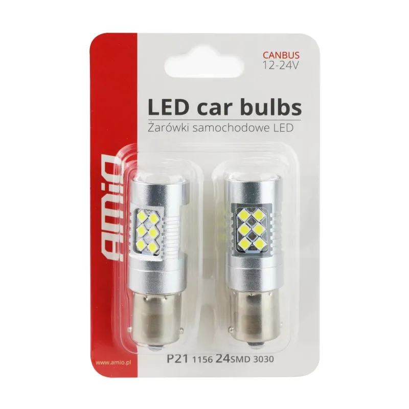 Комплект от 2 броя LED Диодни Крушки за Mигач Стоп Габарит Халоген CANBUS 3030 24SMD 1156 BA15S P21W 12V-24V Бяла Светлина в Блистер Amio - 2