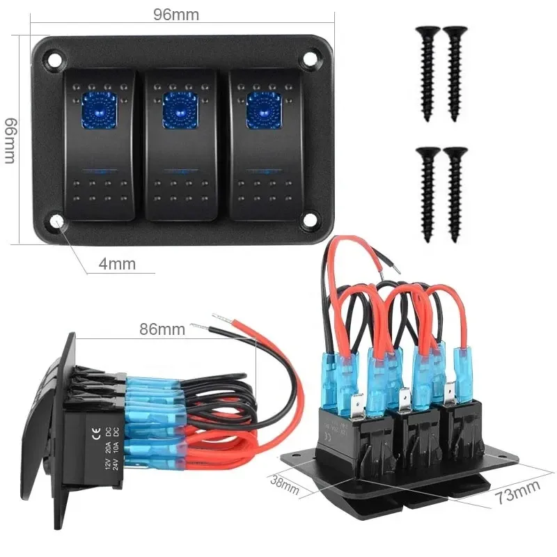 Панел за вграждане с 3 бутона ON-OFF универсални 12-24V за LED светлини бар фарове лебедки лампи за кола камион каравана джипове лодка и др. - 8