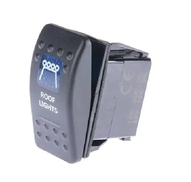 Копче, Бутон, За Вграждане, за LED Лед Бар, Халоген, Светлини, 12V - 24V, Надпис ROOF LIGHTS , Синя Светлина - 0