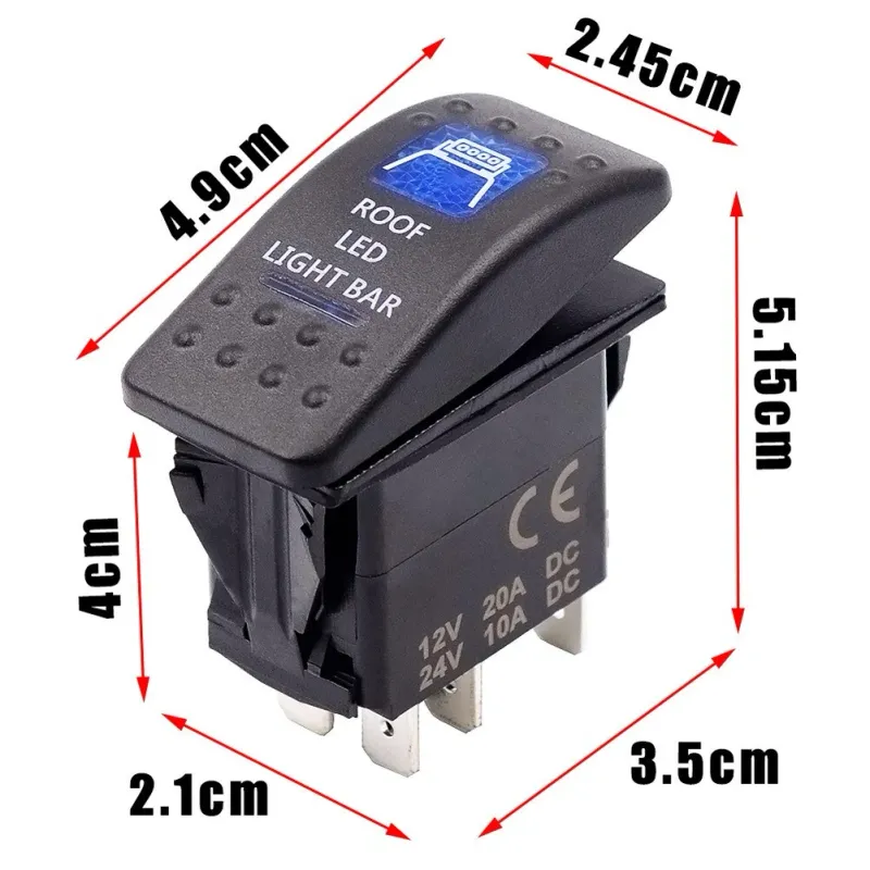 Копче, Бутон, За Вграждане, за LED Лед Бар, Халоген, Светлини, 12V - 24V, Надпис  ROOF LED LIGHT BAR , Синя Светлина - 4