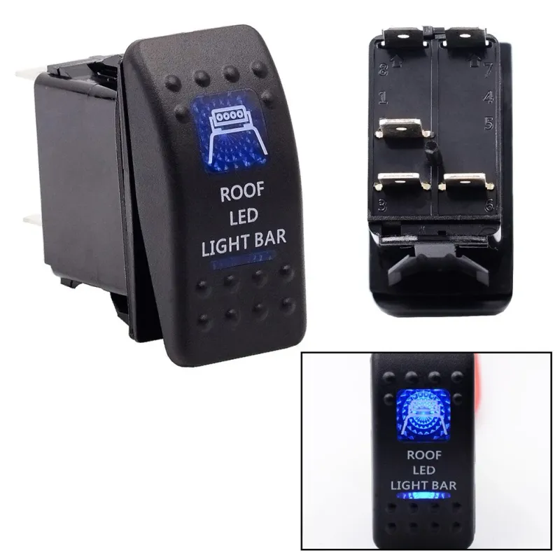 Копче, Бутон, За Вграждане, за LED Лед Бар, Халоген, Светлини, 12V - 24V, Надпис  ROOF LED LIGHT BAR , Синя Светлина - 6