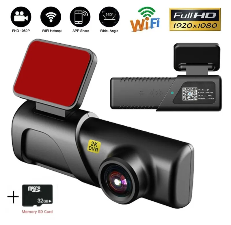 Авторегистратор видеорегистратор за автомобил 2K HD WIFI USB DVR камера G-сензор Видеорекордер Нощно виждане + 32 GB Micro SD Card карта с памет - 0