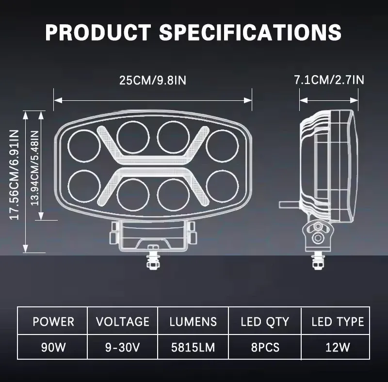 LED мощен диоден фар халоген лампа 12V-24V 90W бяло-жълто за АТВ джип камион трактор земеделски и селскостопански машини и др. - 2
