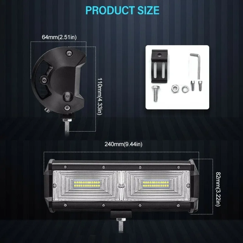 Универсален 144W Лед LED Халоген Фар Работна Лампа 12V - 24V с Разпръсната Flood Светлина за автомобил офроуд бус ван камион 24cm - 1