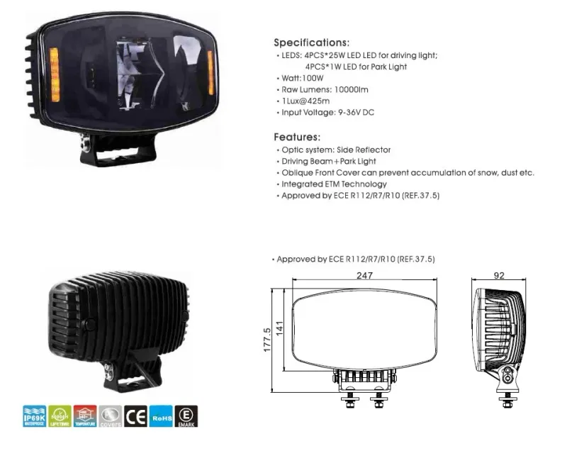 Универсален мощен LED ЛЕД 100W фар халоген лампа 12V - 24V с DRL/parking светлина бяло-жълто за АТВ джип камион трактор - 5