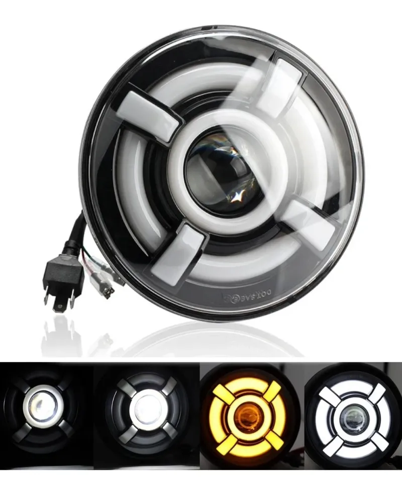 Универсален 7 инча 18см ЛЕД LED фар лампа халоген 12V-24V къси/дълги с DRL дневни светлини мигач бяло-жълто 4800lm за АТВ джип мотоциклет камион трактор и др. - 0