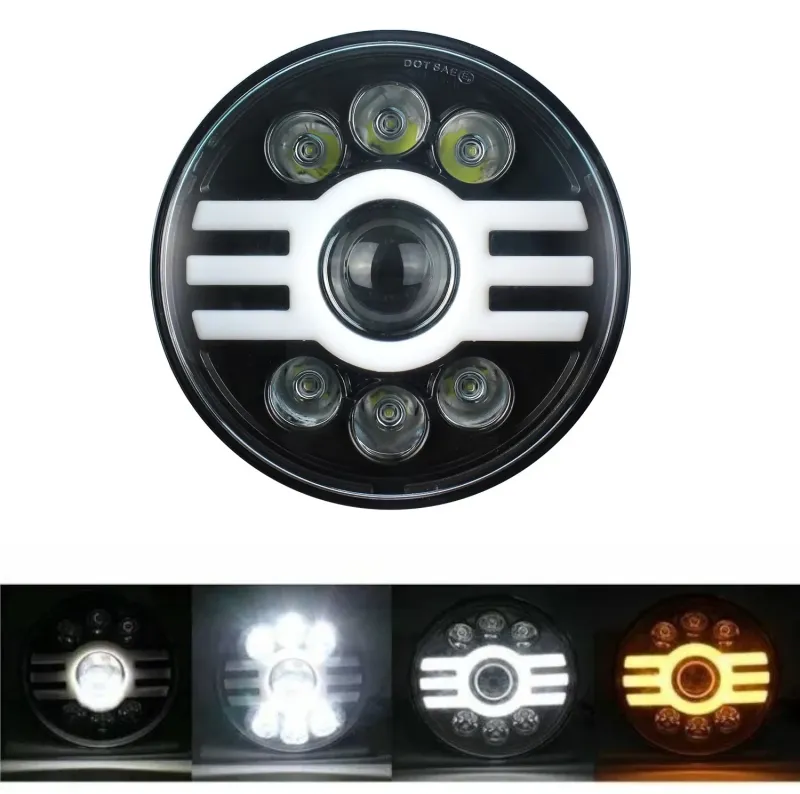 Универсален 7 инча 18см ЛЕД LED фар лампа халоген 12V-24V къси/дълги с DRL дневни светлини мигач бяло-жълто 5000lm за АТВ джип мотоциклет камион трактор и др. - 0