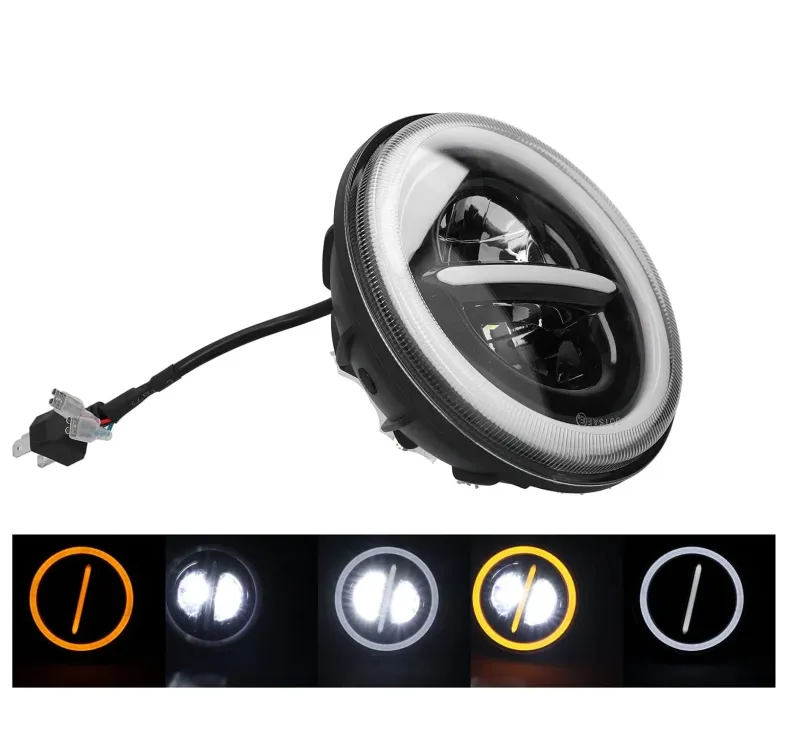 Универсален 7 инча 18см ЛЕД LED фар лампа халоген 12V-24V къси/дълги с DRL дневни светлини мигач бяло-жълто 7500lm за АТВ джип мотоциклет камион трактор и др. - 12