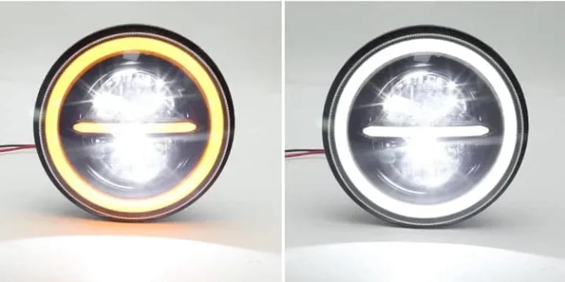 Универсален 7 инча 18см ЛЕД LED фар лампа халоген 12V-24V къси/дълги с DRL дневни светлини мигач бяло-жълто 7500lm за АТВ джип мотоциклет камион трактор и др. - 9