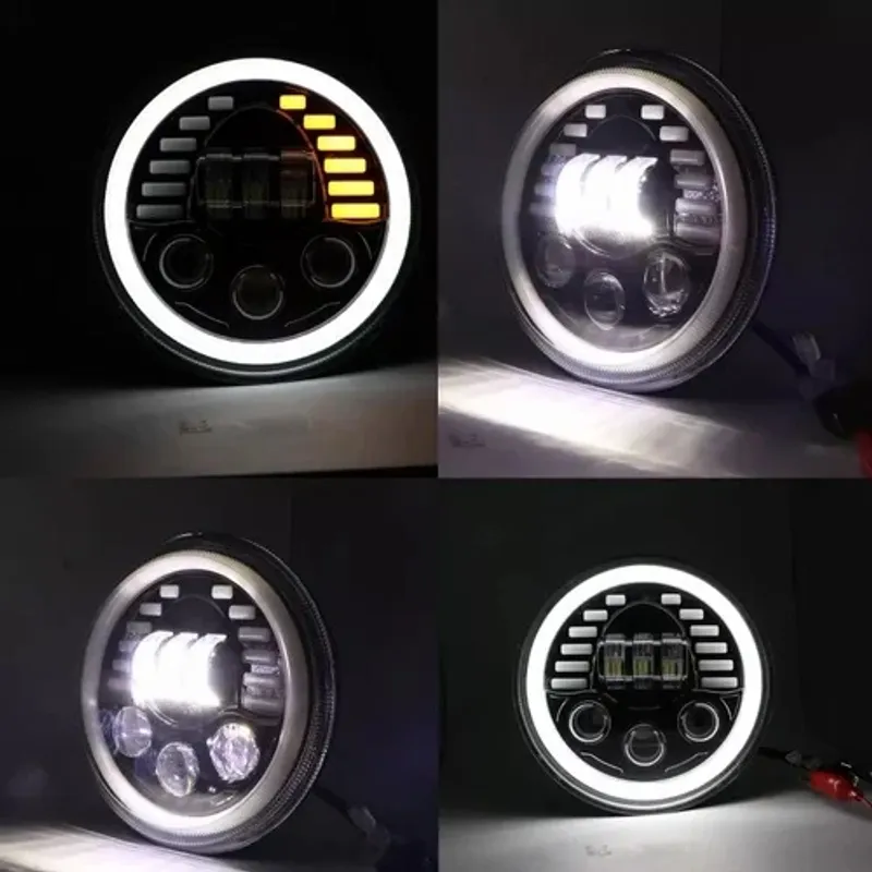 Универсален 7 инча 18см ЛЕД LED фар лампа халоген 12V-24V къси/дълги с DRL дневни светлини мигач бяло-жълто 7000lm за АТВ джип мотоциклет камион трактор и др. - 5