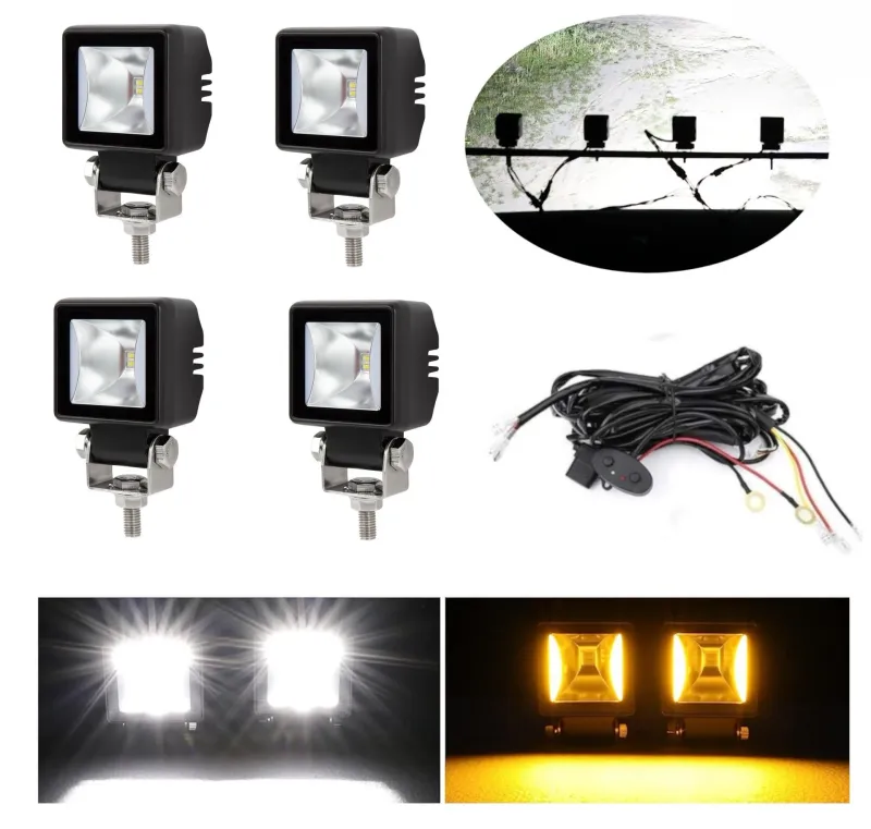 Комплект от 4 броя Лед LED Халогени Лампи с окабеляване Бяла Flood + Оранжева DRL Светлина 12V - 24V за Off Road 4X4 SUV джип мотор автомобил камион градина и др. - 1