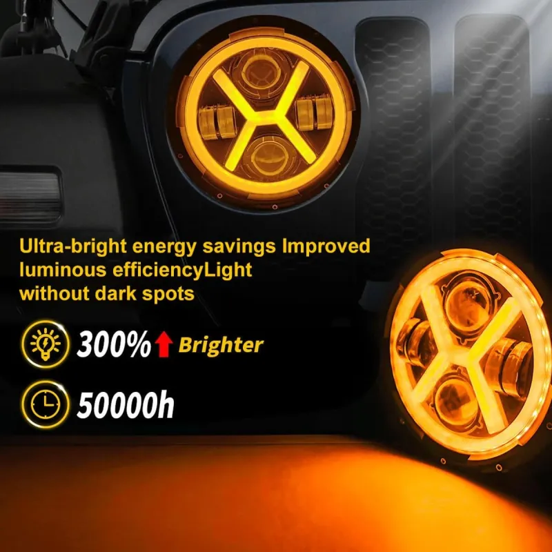 Универсален 7 инча 18см ЛЕД LED фар лампа халоген 12V-24V къси/дълги с DRL дневни светлини мигач бяло-жълто 4000lm за АТВ джип мотоциклет камион трактор и др. - 1