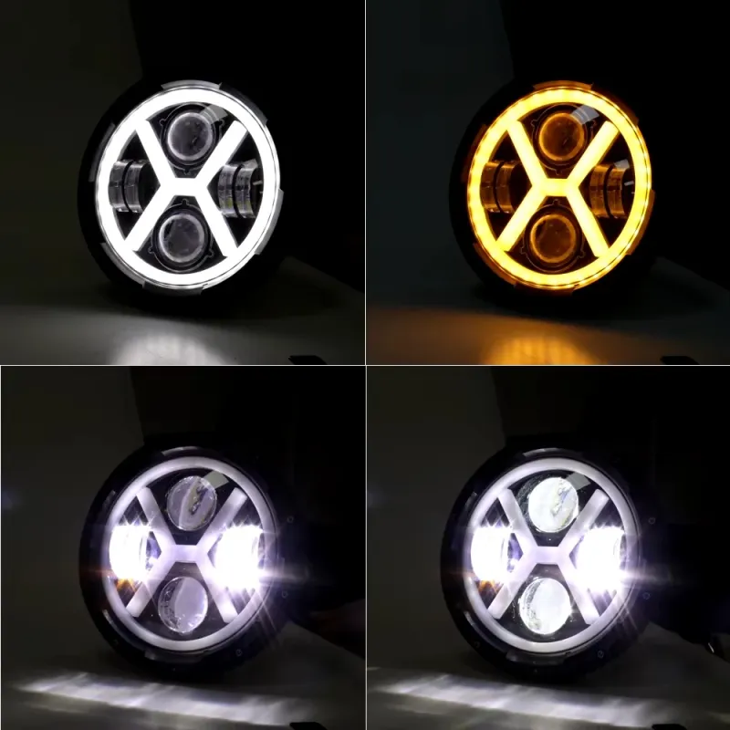 Универсален 7 инча 18см ЛЕД LED фар лампа халоген 12V-24V къси/дълги с DRL дневни светлини мигач бяло-жълто 4000lm за АТВ джип мотоциклет камион трактор и др. - 3