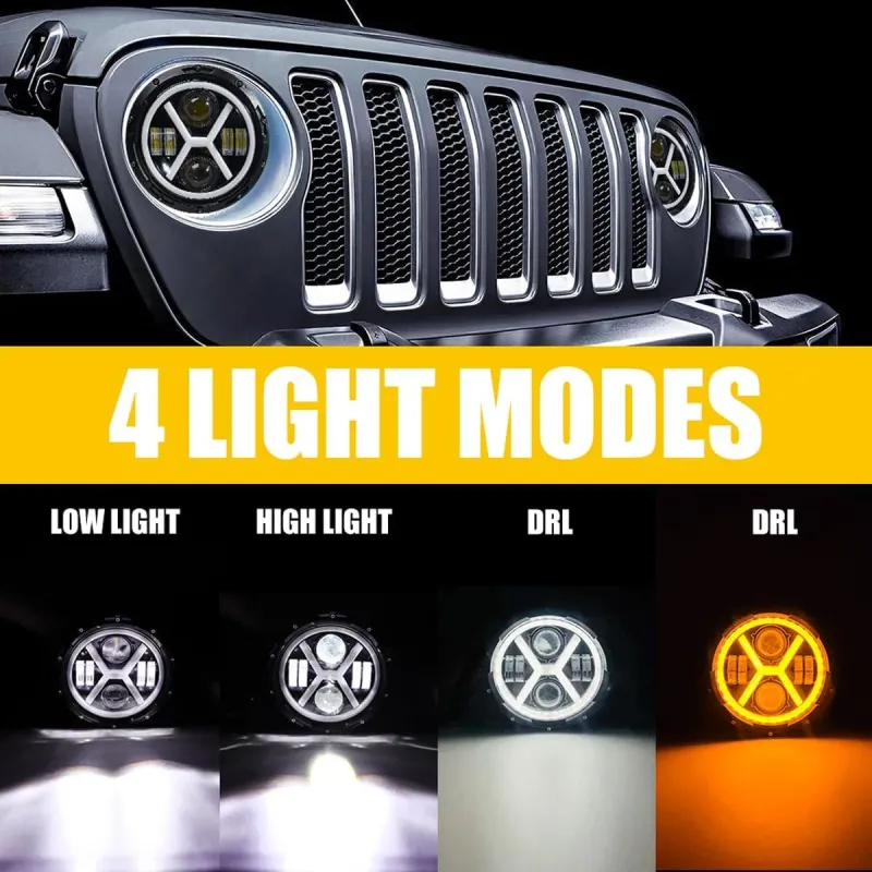 Универсален 7 инча 18см ЛЕД LED фар лампа халоген 12V-24V къси/дълги с DRL дневни светлини мигач бяло-жълто 4000lm за АТВ джип мотоциклет камион трактор и др. - 6