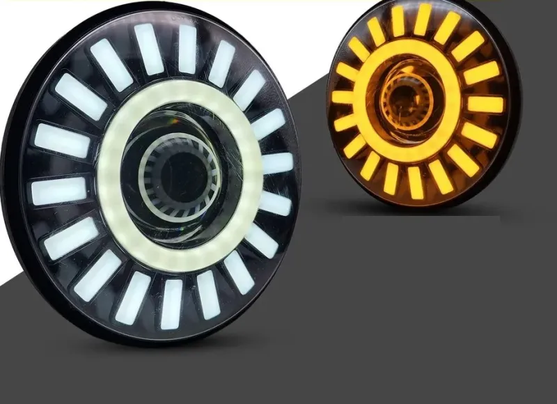 Универсален 7 инча 18см ЛЕД LED фар лампа халоген 12V-24V къси/дълги с DRL дневни светлини мигач бяло-жълто за АТВ джип мотоциклет камион трактор и др. - 2