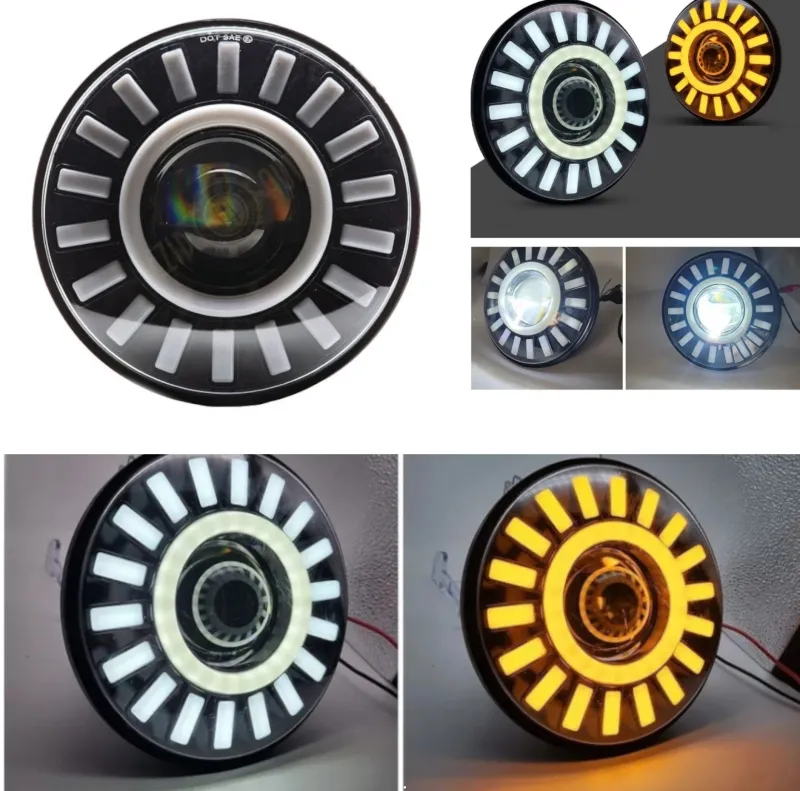 Универсален 7 инча 18см ЛЕД LED фар лампа халоген 12V-24V къси/дълги с DRL дневни светлини мигач бяло-жълто за АТВ джип мотоциклет камион трактор и др. - 4