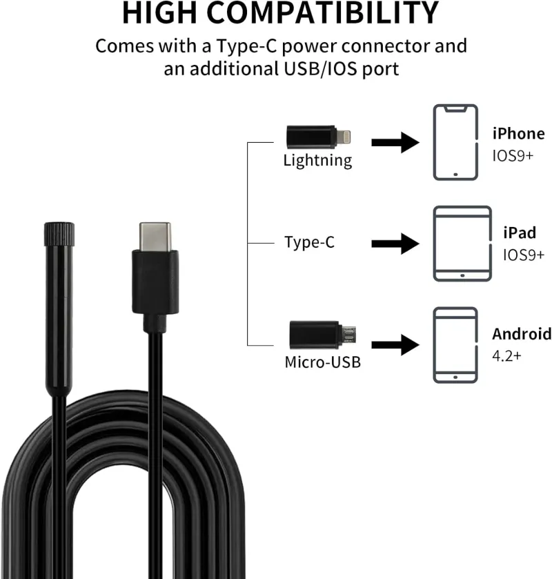 Ендоскоп камера за телефон лаптоп компютър IOS Iphone Android с 3м кабел - 4