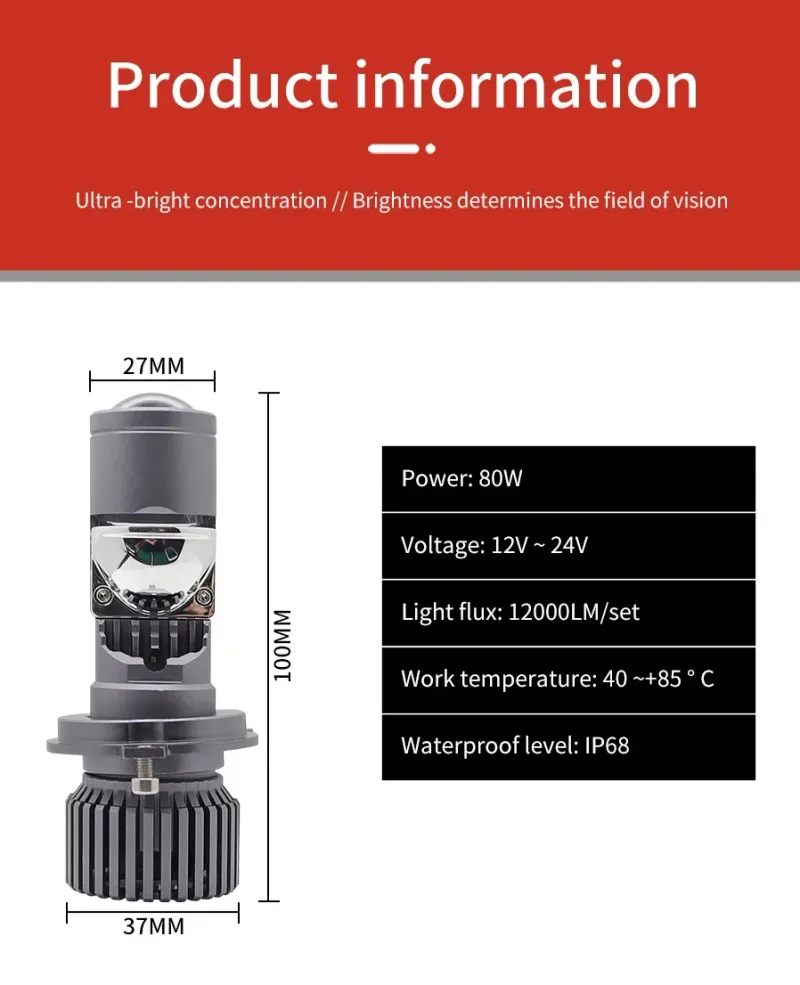 Комплект от 2 броя LED ЛЕД диодни крушки с лупа H4 Х4 12V - 24V 80W 12000LM за фарове Canbus без грешки 6000К-6500К къси/дълги - 11
