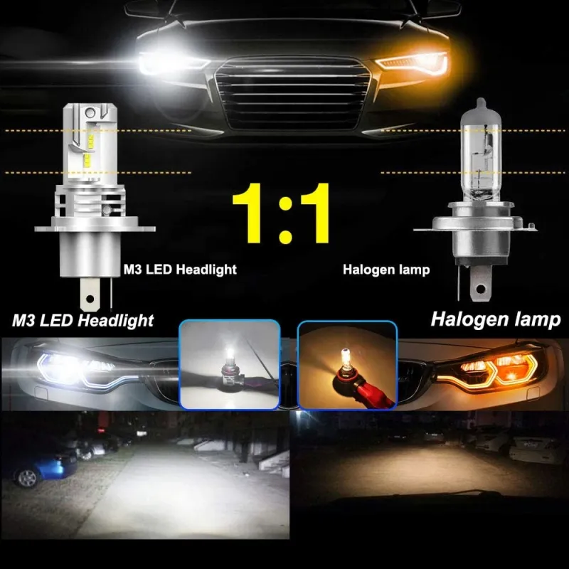 Комплект Умалени Мини Лед Led Диодни Крушки М3 H4 Х4 9V 12V 24V 50W 5000lm за фарове - 10
