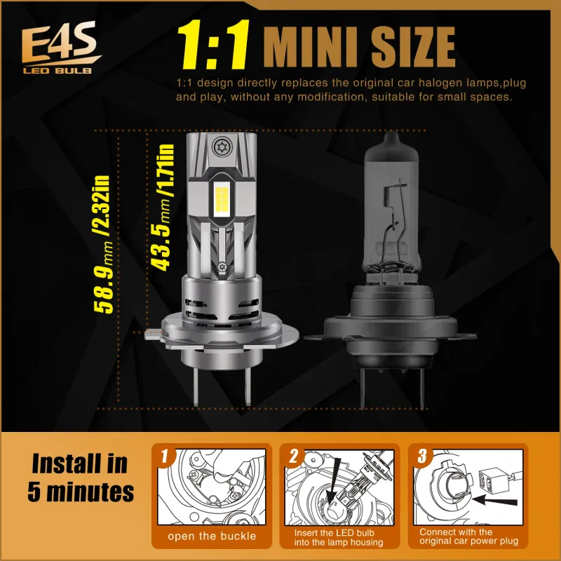 Комплект от 2 броя Умалени Мини Лед Led Диодни Крушки E4S H7 H18 Х7 Х18 12V 50W 15000lm за Автомобил Мотоциклет Трактор Камион Бус и др. - 8