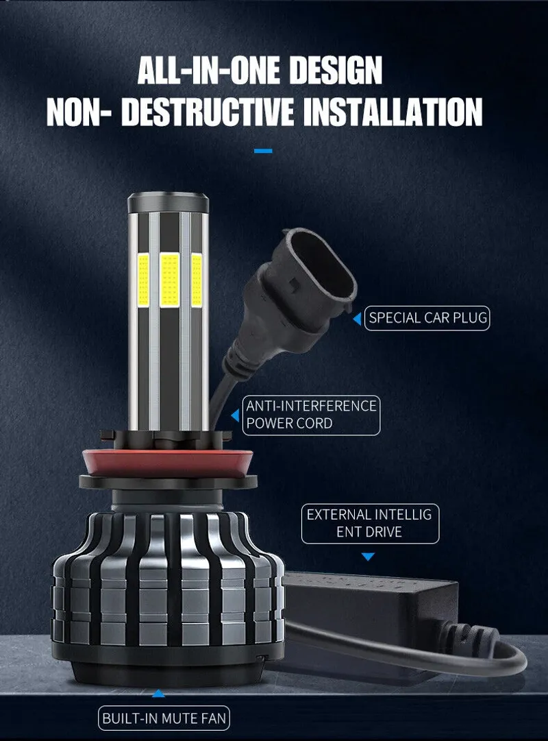 Комплект 360° градуса COB LED ЛЕД Диодни Крушки H4 Х4 12V 80W 16000lm За Фарове Canbus без Грешки къси/дълги - 10