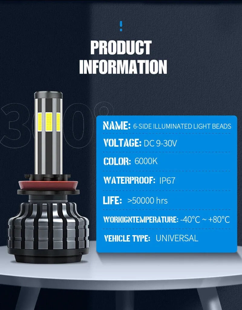 Комплект 360° градуса COB LED ЛЕД диодни крушки H11 H8 H9 Х11 Х8 Х9 12V 80W 16000lm за фарове Canbus без грешки - 4