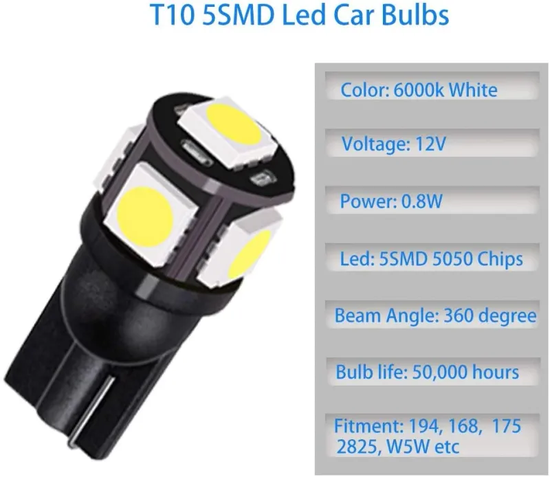 LED Лед Диодни Крушки За Габарит, Т10 W5W, 5 SMD, 12V, Бяла Светлина - 2