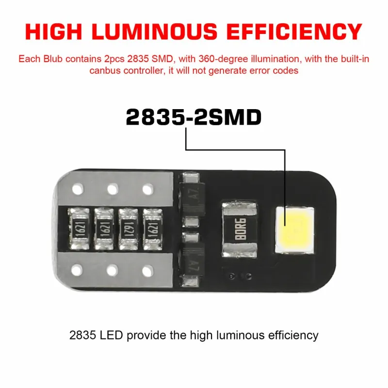 Лед Крушки За Габарит, Т10 W5W LED 2 SMD, 12V, Canbus, Бяла Светлина - 4