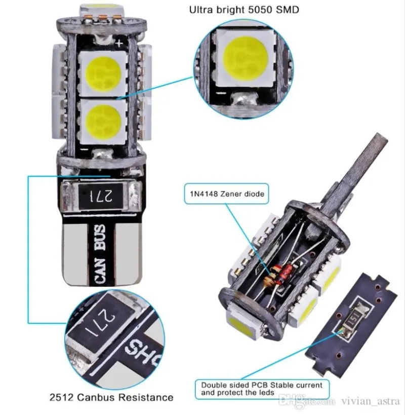 LED Лед Диодни Крушки За Габарит, Т10-5050 W5W, 9 SMD, 12V, 5 Цвята Светлина - 4