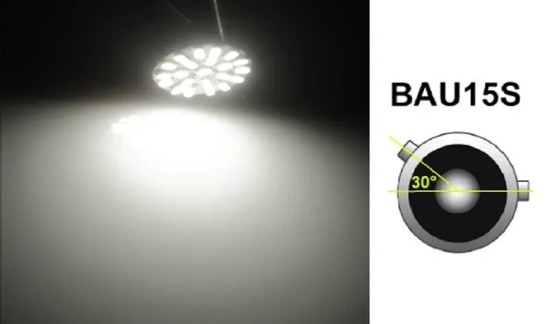LED Лед Крушки, 22 SMD, BAU15S 1156 (P21W), Асиметрични, Разминати пинове (150°) , Offset, 12V, Бяла Светлина - 0