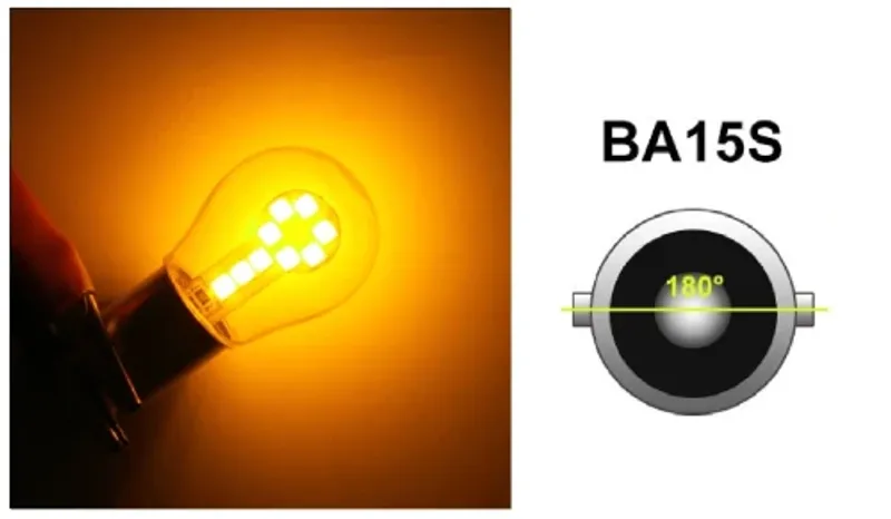 LED Лед Крушки, 18 SMD, BA15S 1156 (P21W), Срещуположни пинове (180°), Opposite, 12V, Оранжева Светлина - 0