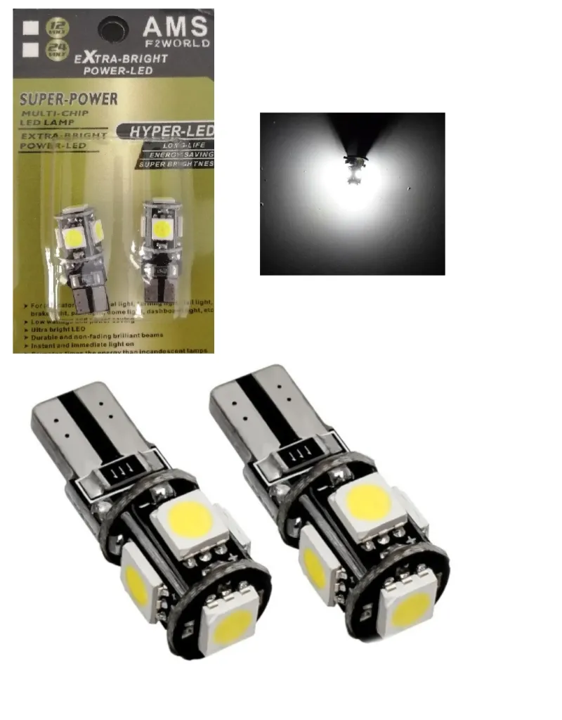 Комплект от 2 броя Лед Крушки За Габарит Т10 W5W LED 5 SMD Canbus 12V Бяла Светлина в блистер - 0
