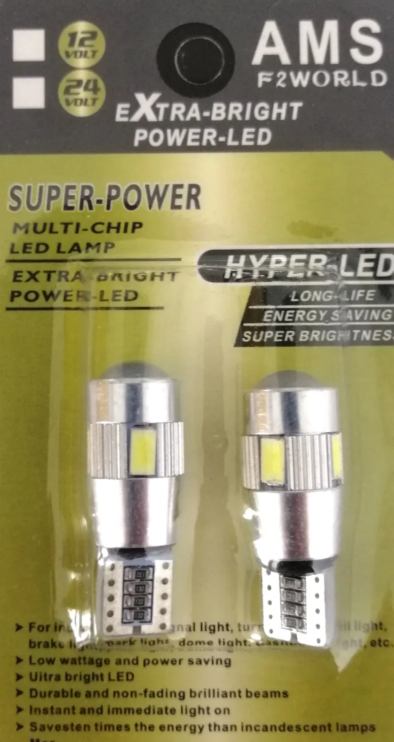 Комплект от 2 броя Лед Крушки За Габарит Т10 W5W LED 6 SMD, Canbus 12V, Бяла Светлина в блистер - 1